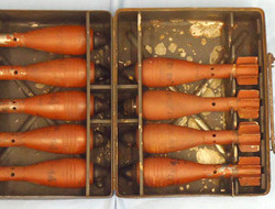 Metal Ammunition carrier containing 10 Near Mint German 5 cm, Mortar Rounds. Metal Ammunition carrier containing 10 Near Mint German 5 cm, Mortar Rounds. Antique & Militaria