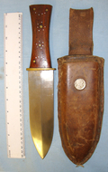 Large Original American Frontier Victorian Era, Hand Forged English Sheffield Made Fighting / Hunting Bowie Knife With Broad Leaf Shaped Spear Point Bowie Blade & Original leather Scabbard Later C1903 Inlaid With Apache Native Indian Head ‘Liberty’ Di Hunting Knive