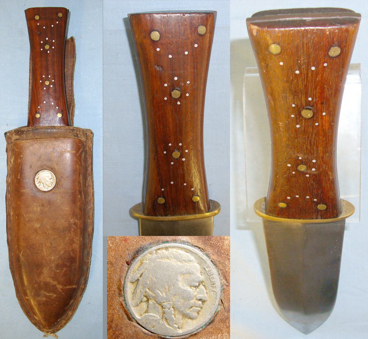 Large Original American Frontier Victorian Era, Hand Forged English Sheffield Made Fighting / Hunting Bowie Knife With Broad Leaf Shaped Spear Point Bowie Blade & Original leather Scabbard Later C1903 Inlaid With Apache Native Indian Head ‘Liberty’ Di Hunting Knive