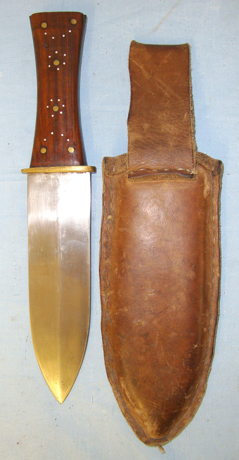  Large Original American Frontier Victorian Era, Hand Forged English Sheffield Made Fighting / Hunting Bowie Knife With Broad Leaf Shaped Spear Point Bowie Blade & Original leather Scabbard Later C1903 Inlaid With Apache Native Indian Head ‘Liberty’ Di Hunting Knive