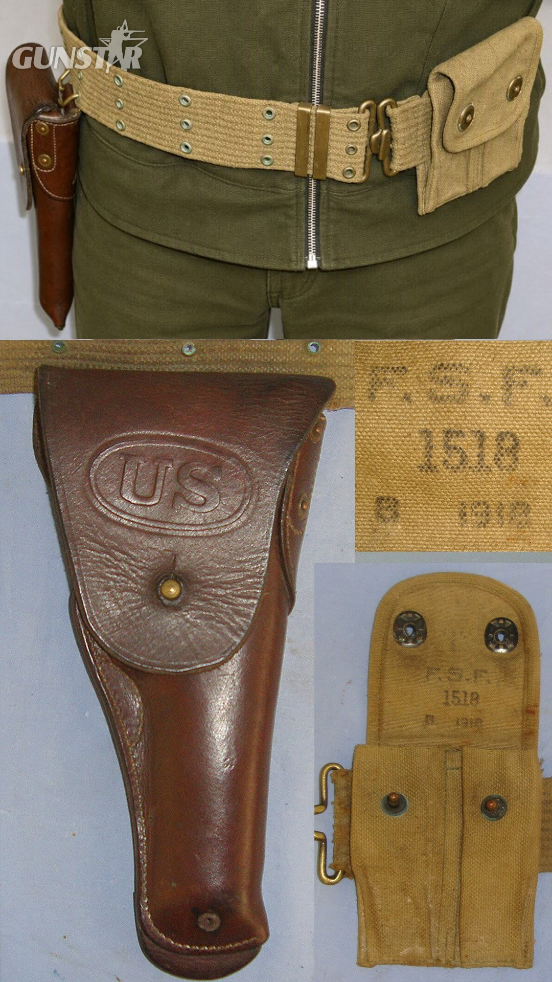 WW1 Era U.S. Army Holster Rig For .45 Calibre Colt 1911 & 1911A1 Semi Automatic Pistols With Original Leather Holster, Webbing Belt & ‘FSF’ August 1918 Dated Webbing Double Magazine Carrier Pouch. L 512 holster Care & Storage in 