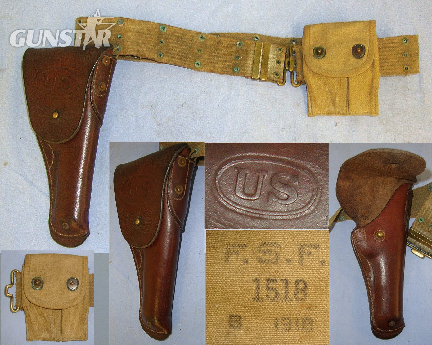 WW1 Era U.S. Army Holster Rig For .45 Calibre Colt 1911 & 1911A1 Semi Automatic Pistols With Original Leather Holster, Webbing Belt & ‘FSF’ August 1918 Dated Webbing Double Magazine Carrier Pouch. L 512 holster Care & Storage