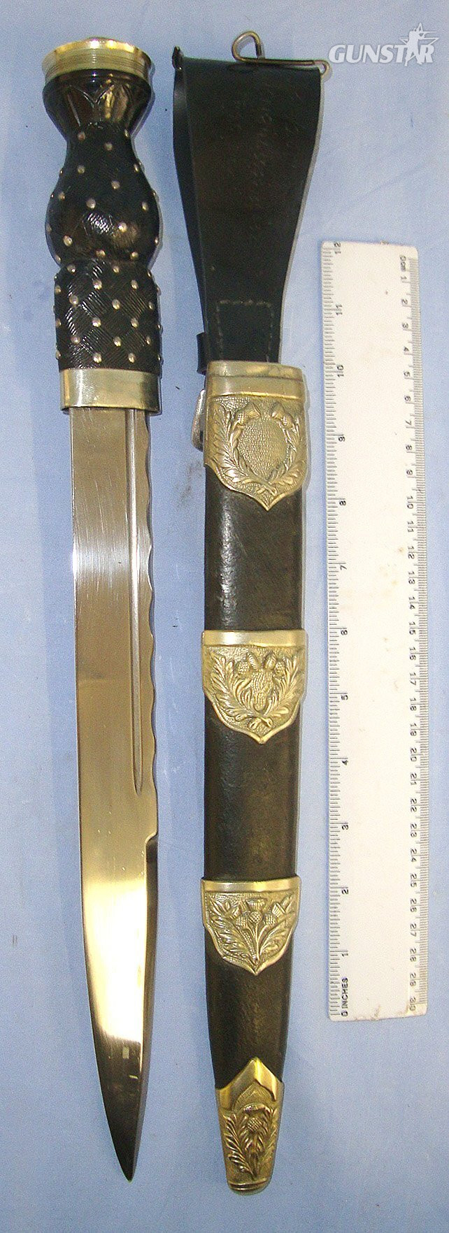 LARGE**Post 1952 John Nowill & Sons Ltd Sheffield Scottish Highland Regiments German Silver Mounted Dirk With Queens Crown Pommel Cap & Scabbard With Patent Leather Belt Hanger. Sn 23484:124 Knive in 