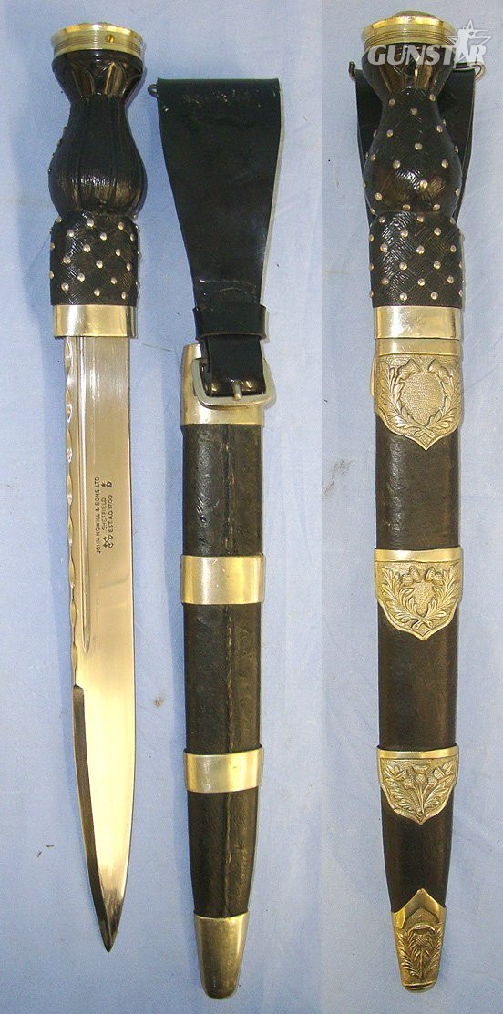  LARGE**Post 1952 John Nowill & Sons Ltd Sheffield Scottish Highland Regiments German Silver Mounted Dirk With Queens Crown Pommel Cap & Scabbard With Patent Leather Belt Hanger. Sn 23484:124 Knive