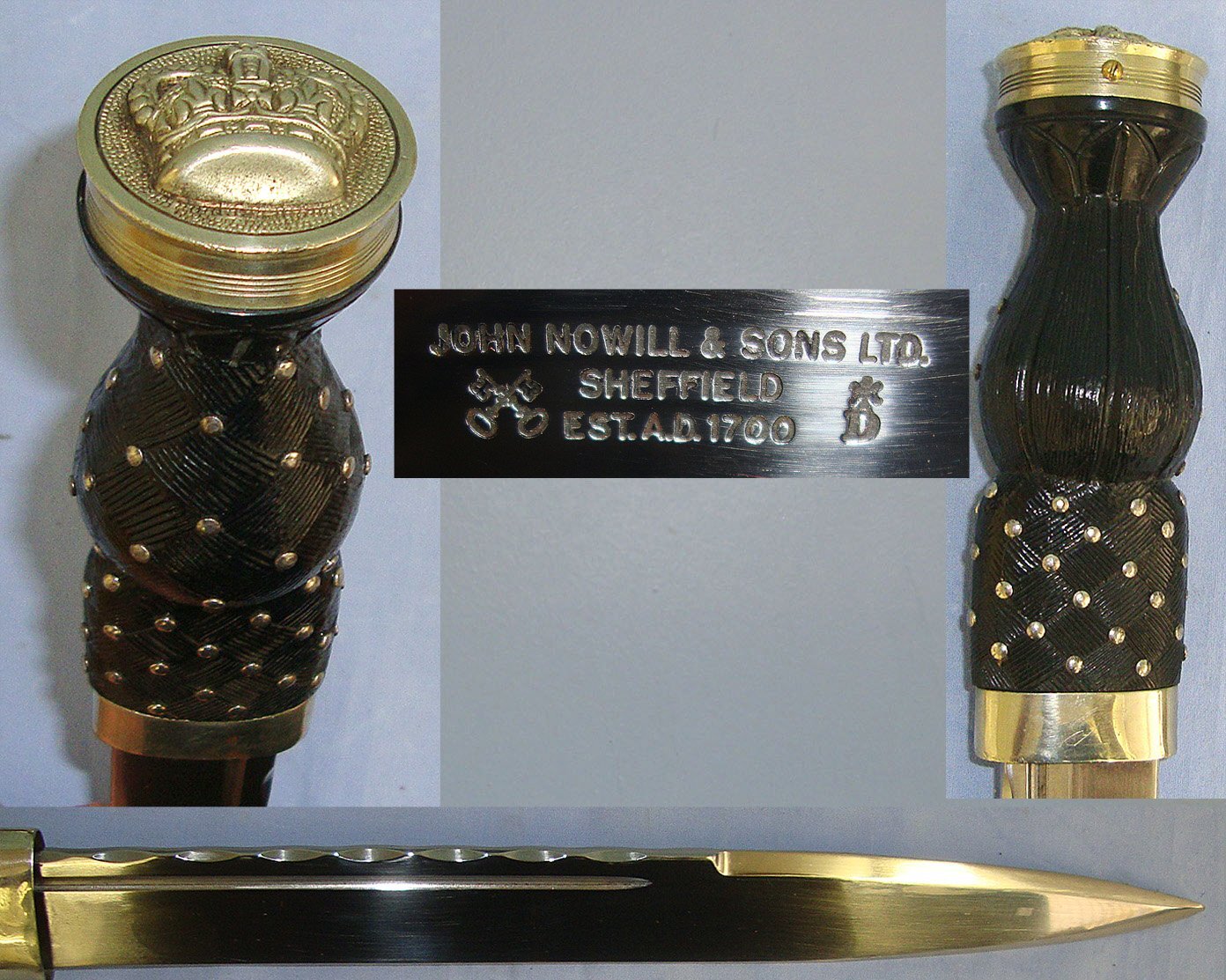 LARGE**Post 1952 John Nowill & Sons Ltd Sheffield Scottish Highland Regiments German Silver Mounted Dirk With Queens Crown Pommel Cap & Scabbard With Patent Leather Belt Hanger. Sn 23484:124 Knive