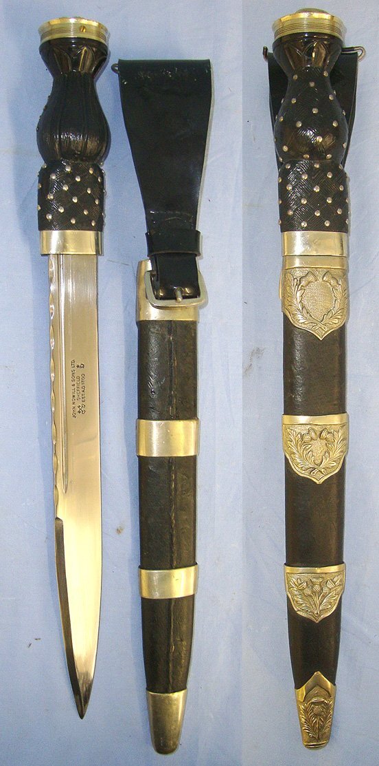  LARGE**Post 1952 John Nowill & Sons Ltd Sheffield Scottish Highland Regiments German Silver Mounted Dirk With Queens Crown Pommel Cap & Scabbard With Patent Leather Belt Hanger. Sn 23484:124 Knive