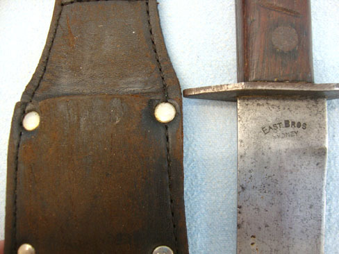  East Bros. Sydney, Australian Wood Gripped Fighting Knife & Leather Sheath By Ea Knive