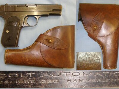 Pre WW1 1911-1912 Colt USA Model 1908 .380 Auto Calibre Pocket Hammerless Semi Automatic Pistol & British Officer’s Brown Leather Holster By Army & Navy CSL (Cooperative Stores Ltd) London**EARLY UK 1996 DEACTIVATION CERTIFICATED** Sn 21455 None Semi Auto