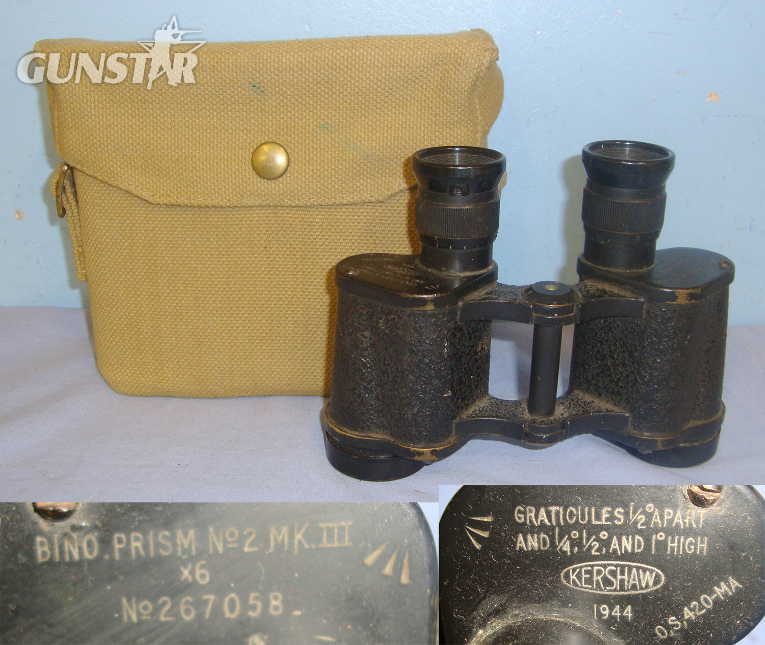 Cased, WW2 1944 British WD Kershaw No2 MK III, 6X Magnification Prismatic Binoculars With Period Webbing Covered Case. OPT 799  Sight & Optic in 