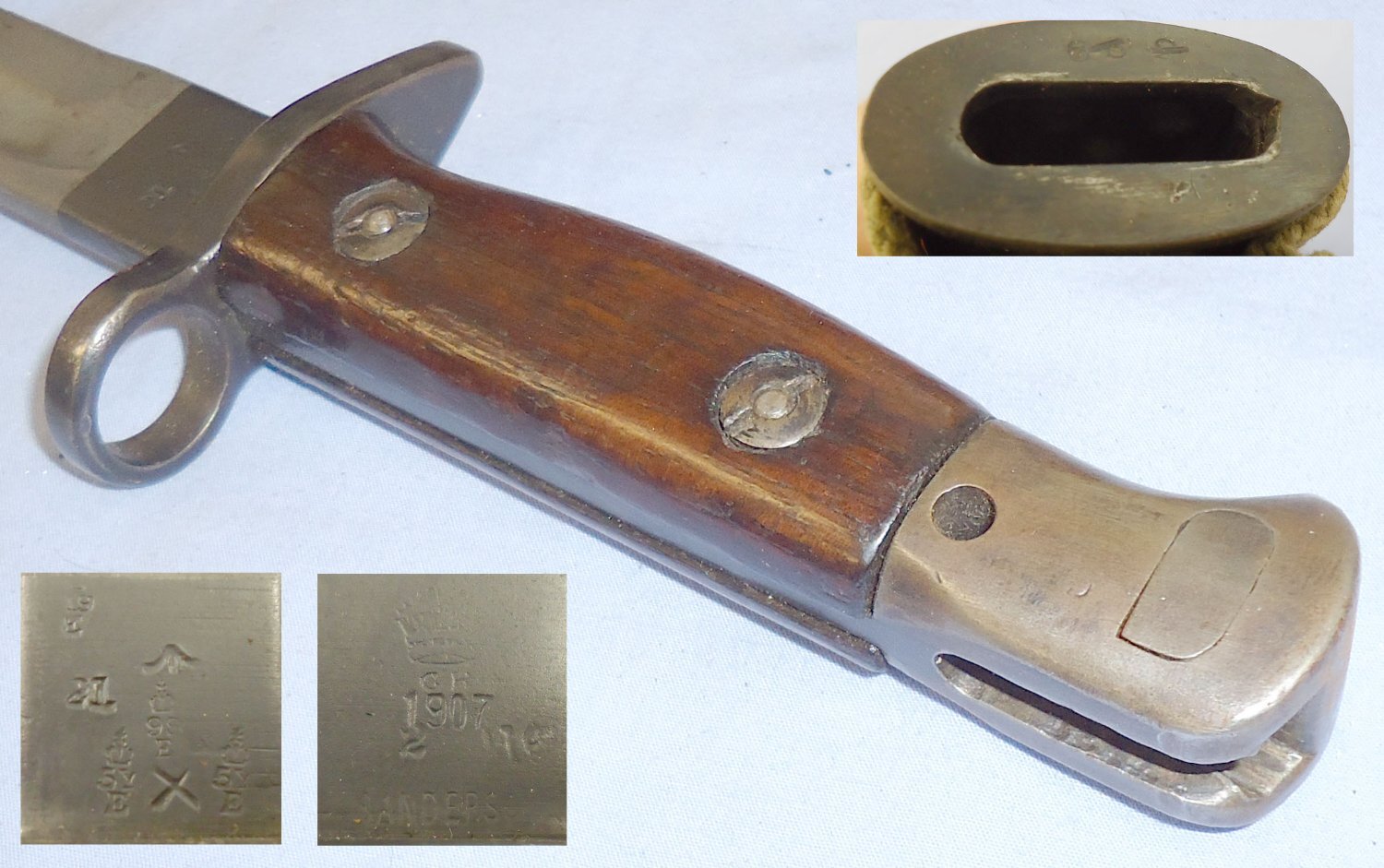 WWI Dated British P1907 Bayonet Scabbard and Frog Made by Sanderson. BAYO 395. Bayonet