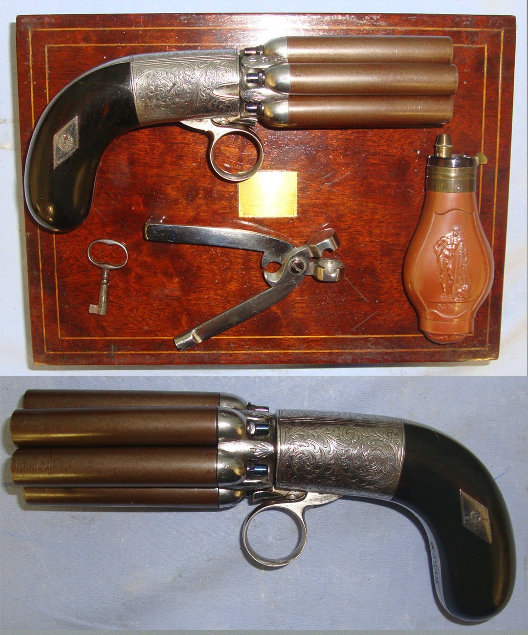 BEST QUALITY**MINT BORES**FACTORY NICKEL PLATED**Cased C1840 Liege Mariette Brevette .36 Calibre Under Hammer Ring Trigger, 6 Shot Percussion Pepper Box Revolver With Turn Off Damascus Steel Barrels & Original Period Accessories. Sn 22967:4 pepper box revolver .36 Cal Muzzleloader Revolver