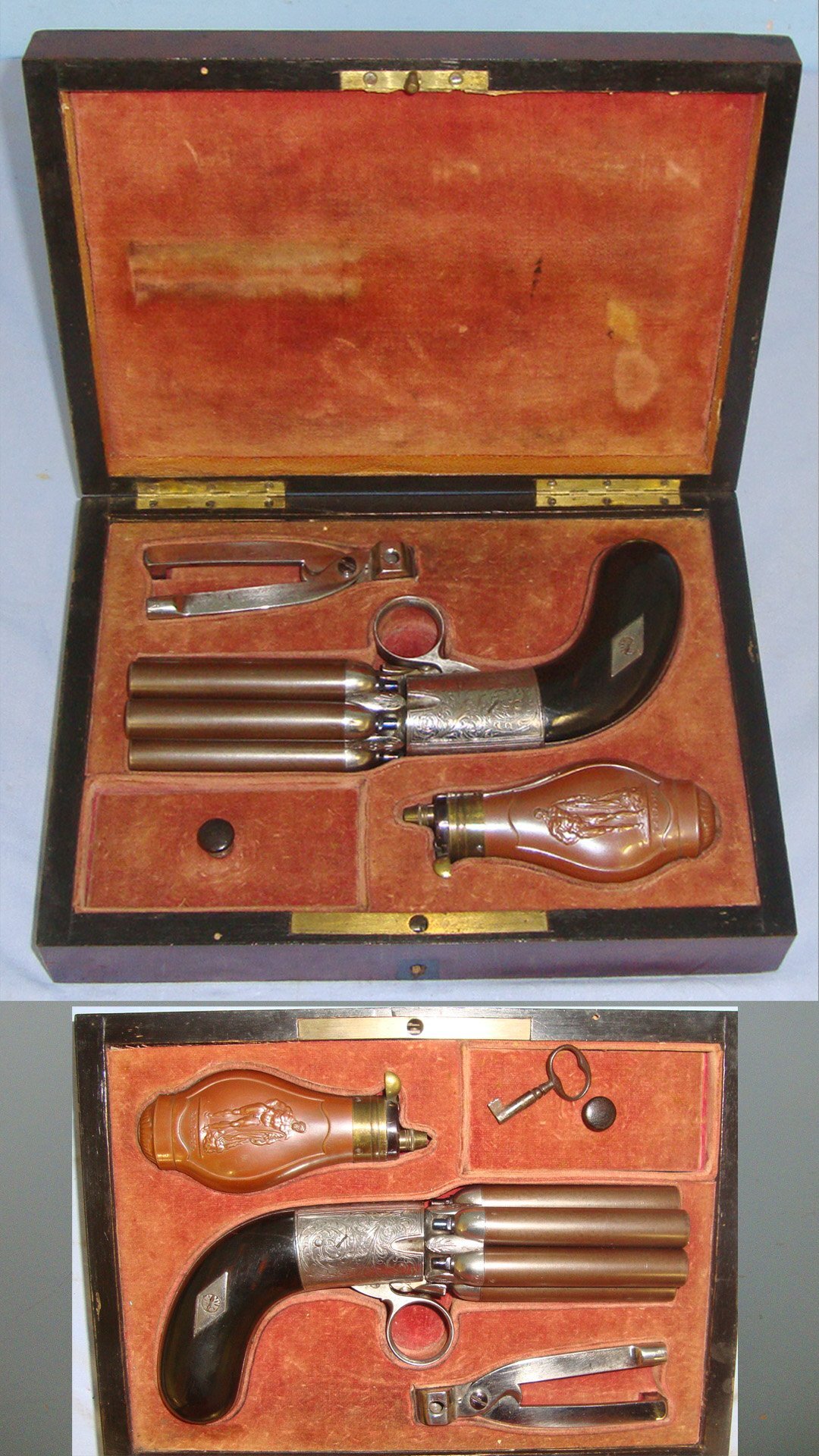  BEST QUALITY**MINT BORES**FACTORY NICKEL PLATED**Cased C1840 Liege Mariette Brevette .36 Calibre Under Hammer Ring Trigger, 6 Shot Percussion Pepper Box Revolver With Turn Off Damascus Steel Barrels & Original Period Accessories. Sn 22967:4 pepper box revolver .36 Cal Muzzleloader Revolver