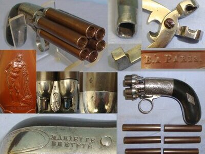BEST QUALITY**MINT BORES**FACTORY NICKEL PLATED**Cased C1840 Liege Mariette Brevette .36 Calibre Under Hammer Ring Trigger, 6 Shot Percussion Pepper Box Revolver With Turn Off Damascus Steel Barrels & Original Period Accessories. Sn 22967:4 pepper box revolver .36 Cal Muzzleloader Revolver
