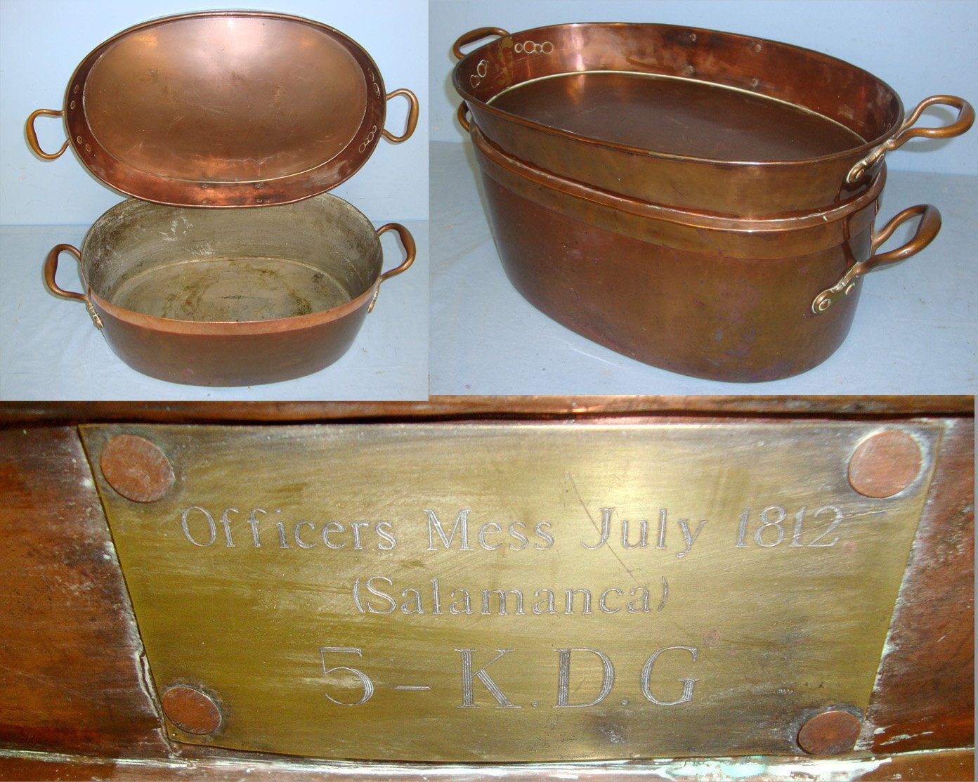 UNIQUE PENINSULAR WAR, BATTLE OF SALAMANCA JULY 1812 CONNECTIONS**, Large, Heavy 2 Piece French Copper Cooking Skillet / Poaching Pan With Period Brass Plate Indicating That This Piece was Captured By The British 5th Dragon Guards at Salamanca. MISC 867  Antique & Militaria