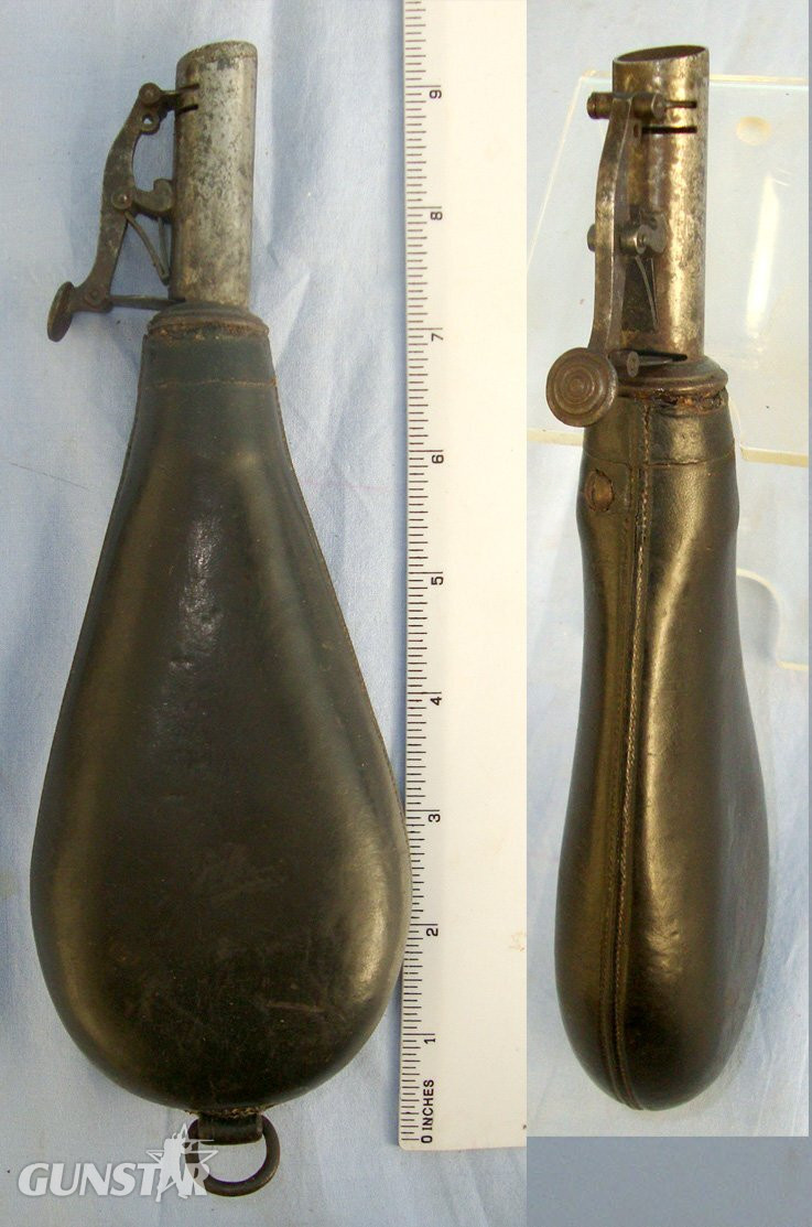 English Victorian Era Gun Size Leather Shot Flask With Sprung Steel Nozzle. MISC 837  Magazine in 