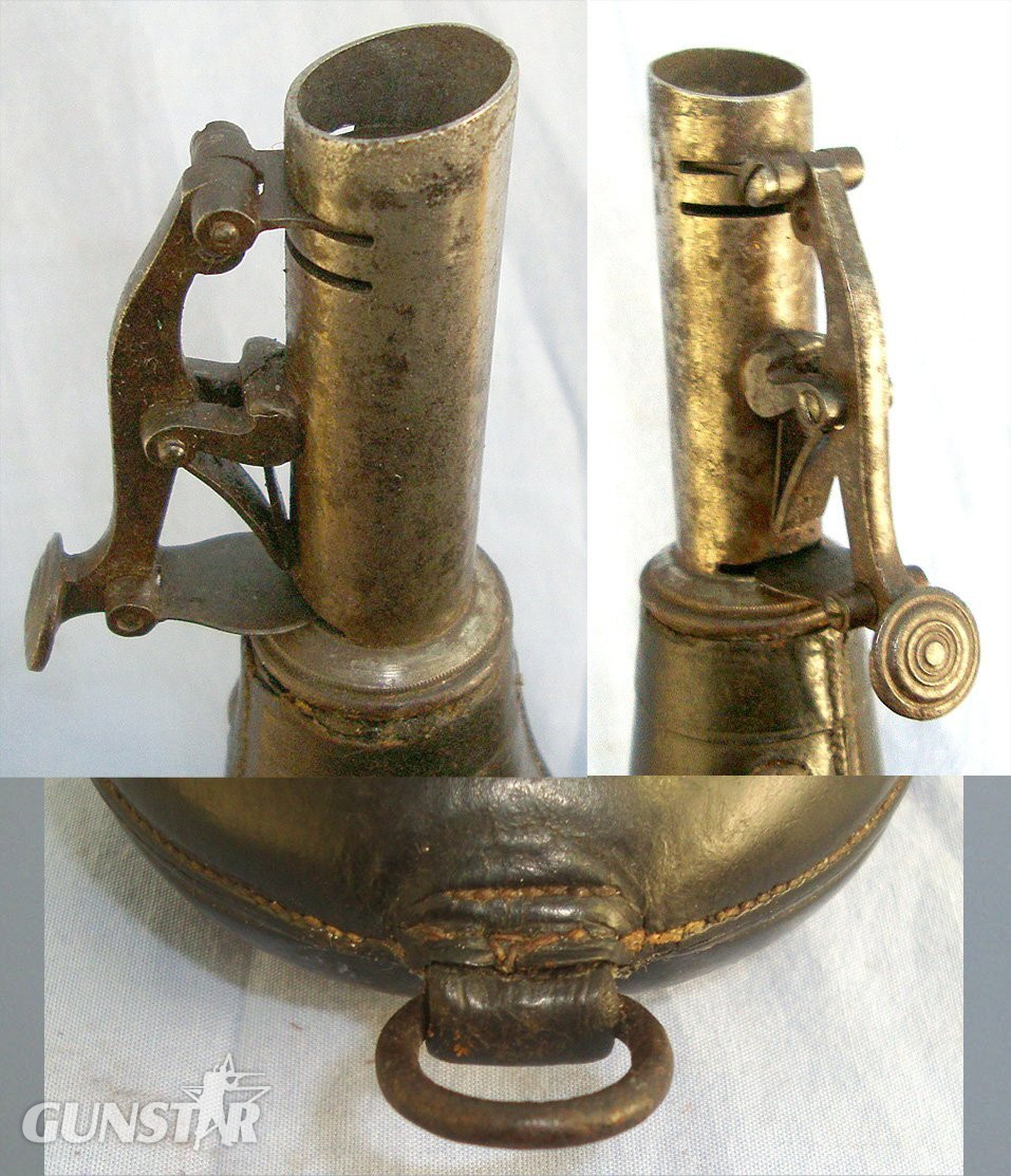 English Victorian Era Gun Size Leather Shot Flask With Sprung Steel Nozzle. MISC 837  Magazine