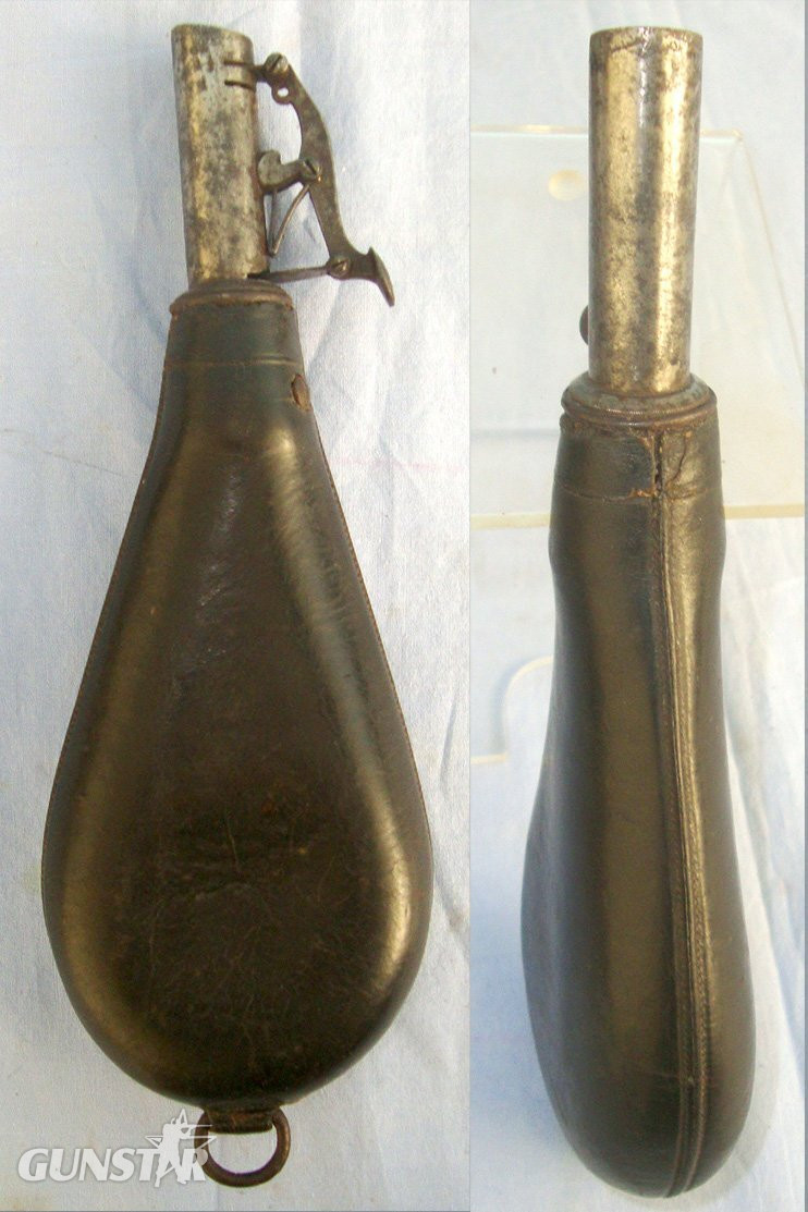  English Victorian Era Gun Size Leather Shot Flask With Sprung Steel Nozzle. MISC 837  Magazine