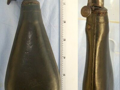 English Victorian Era Gun Size Leather Shot Flask With Sprung Steel Nozzle. MISC 837  Magazine