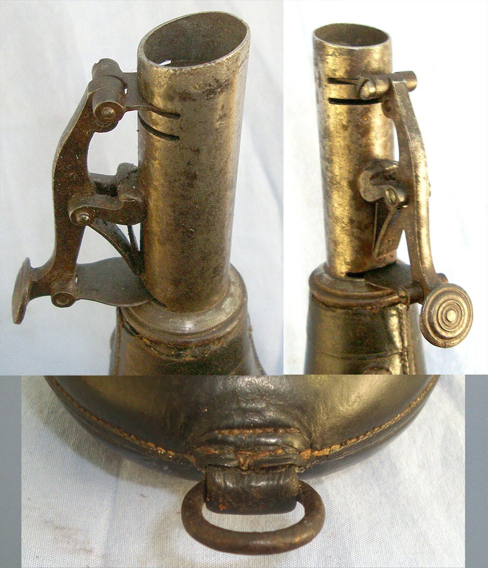English Victorian Era Gun Size Leather Shot Flask With Sprung Steel Nozzle. MISC 837  Magazine