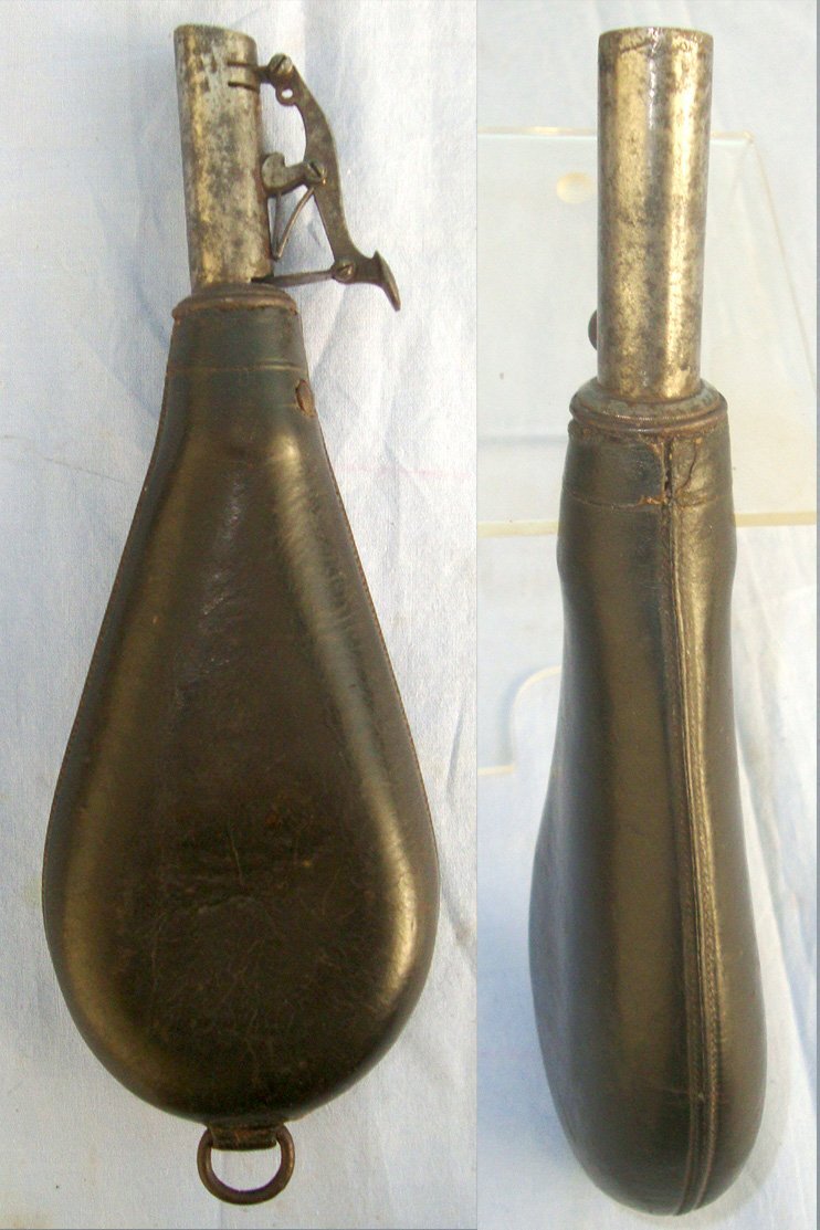  English Victorian Era Gun Size Leather Shot Flask With Sprung Steel Nozzle. MISC 837  Magazine