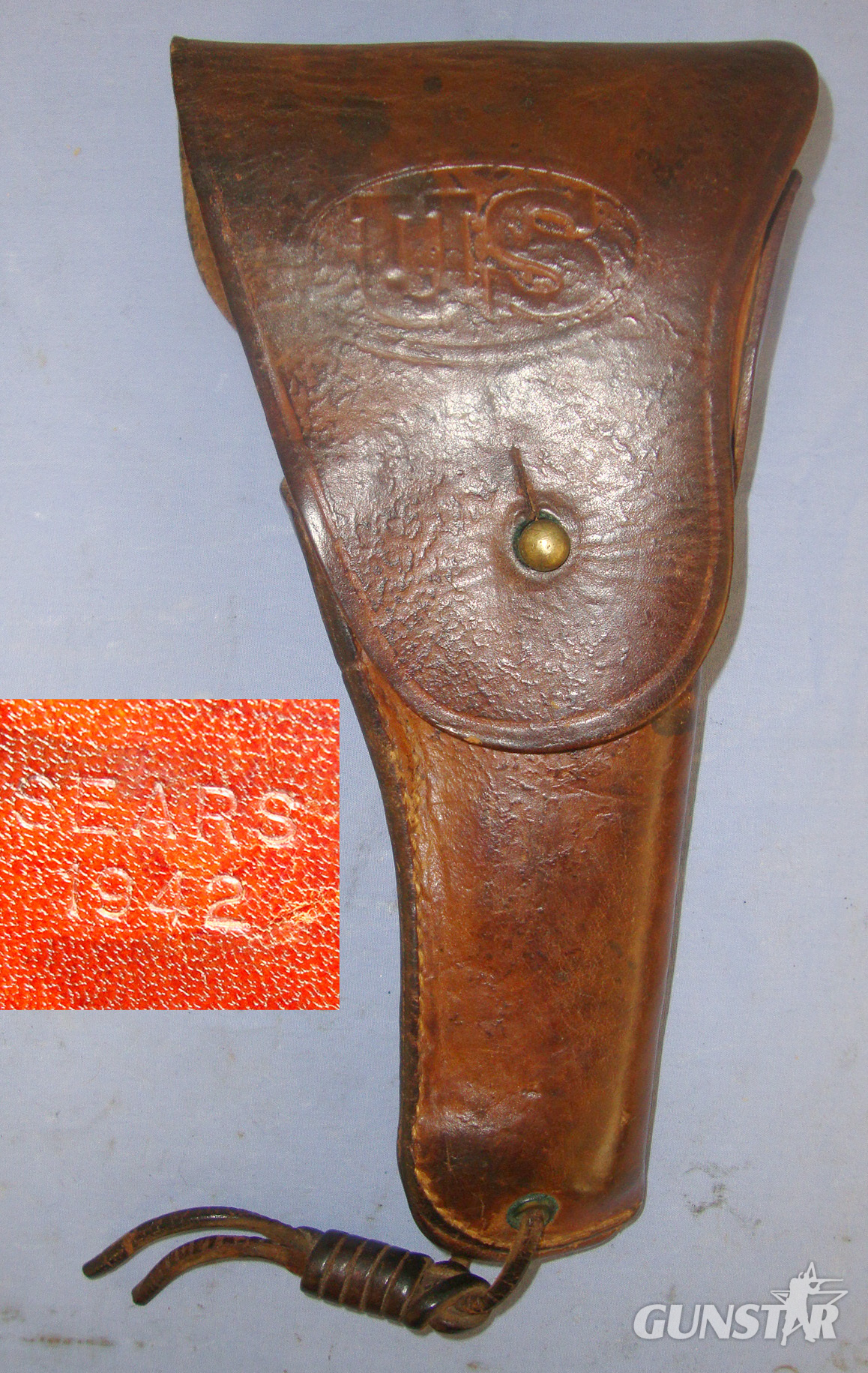 WW2 1942 U.S. Army Holster For .45 ACP Calibre Colt 1911 & 1911A1 Semi Automatic Pistols By Sears With Thigh Cord. Sn 21007 Care & Storage in 
