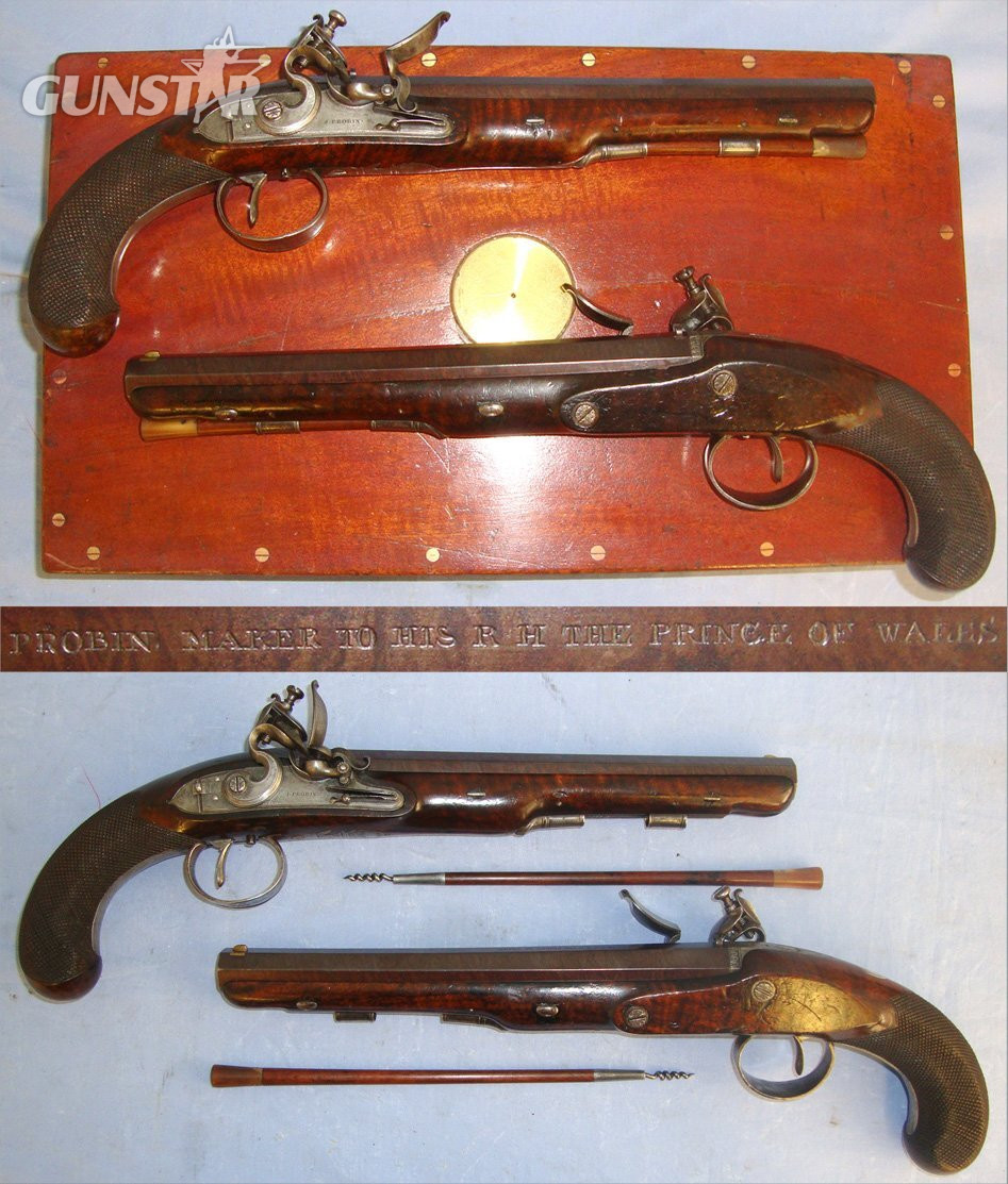 SUPERB**MINT BORES**Cased C1820’s Matching Pair Of English John Probin London Maker To The Prince Of Wales 22 Bore Gentleman’s Flintlock Dueling / Target Pistols, With Octagonal Damascus Steel Barrels. Sn 22059:7 flintlock Various Muzzleloader in 