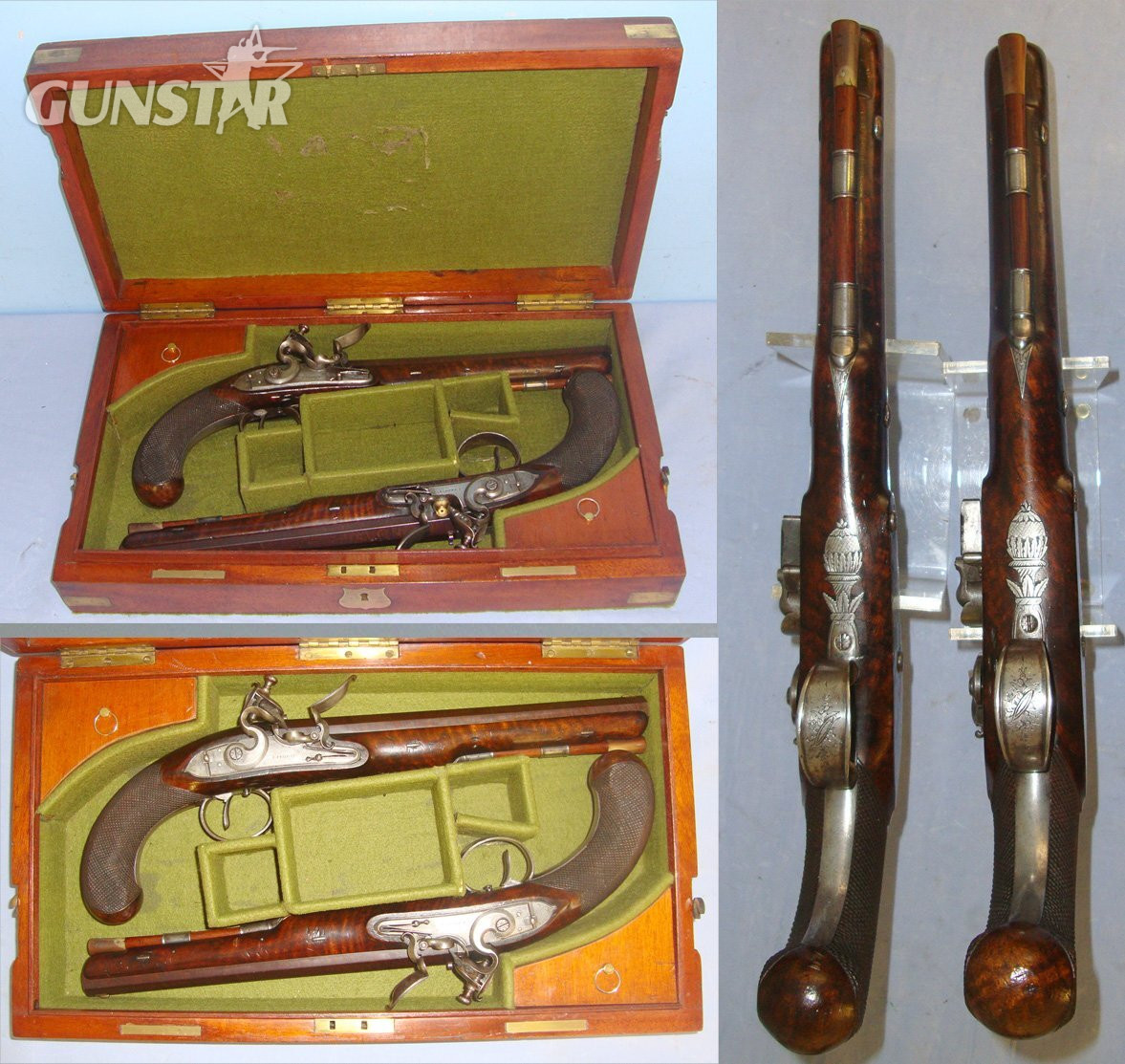  SUPERB**MINT BORES**Cased C1820’s Matching Pair Of English John Probin London Maker To The Prince Of Wales 22 Bore Gentleman’s Flintlock Dueling / Target Pistols, With Octagonal Damascus Steel Barrels. Sn 22059:7 flintlock Various Muzzleloader
