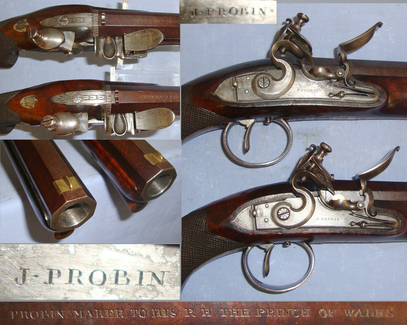 SUPERB**MINT BORES**Cased C1820’s Matching Pair Of English John Probin London Maker To The Prince Of Wales 22 Bore Gentleman’s Flintlock Dueling / Target Pistols, With Octagonal Damascus Steel Barrels. Sn 22059:7 flintlock Various Muzzleloader