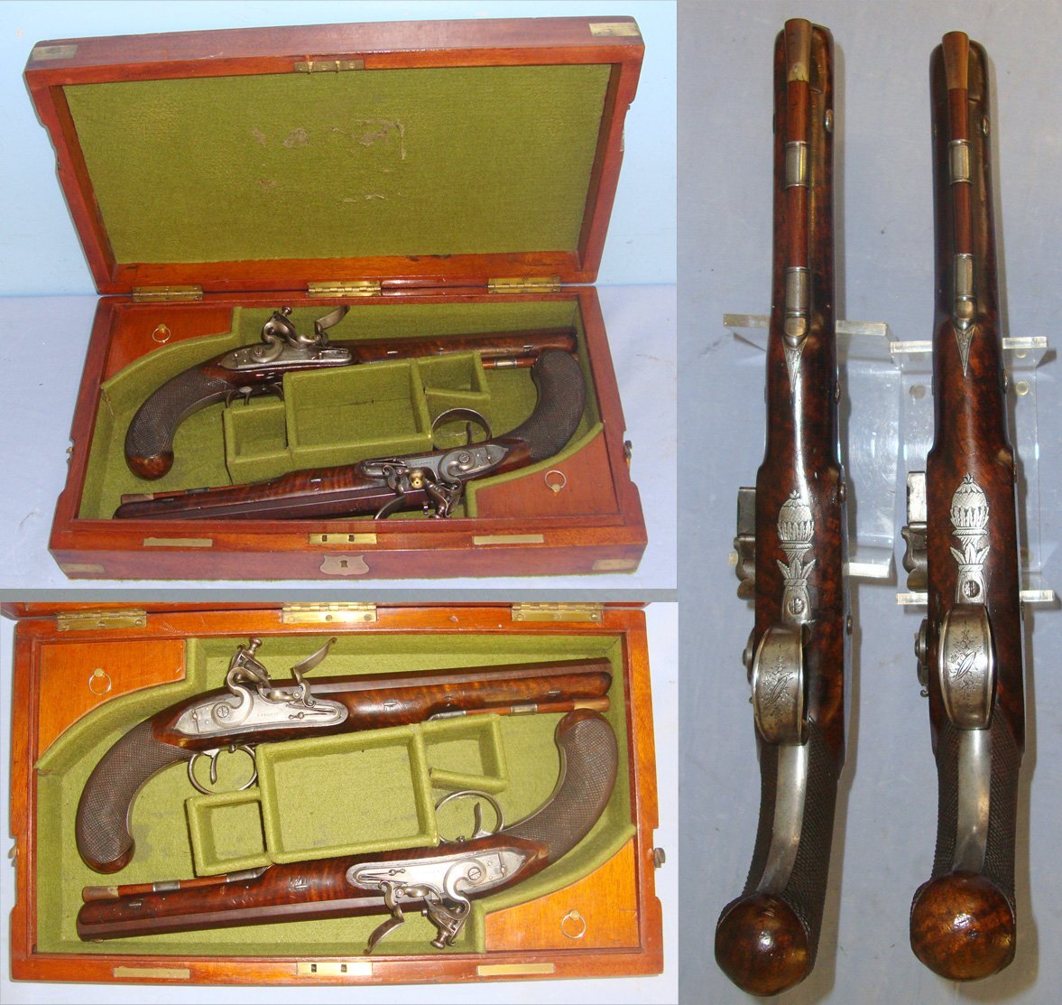  SUPERB**MINT BORES**Cased C1820’s Matching Pair Of English John Probin London Maker To The Prince Of Wales 22 Bore Gentleman’s Flintlock Dueling / Target Pistols, With Octagonal Damascus Steel Barrels. Sn 22059:7 flintlock Various Muzzleloader