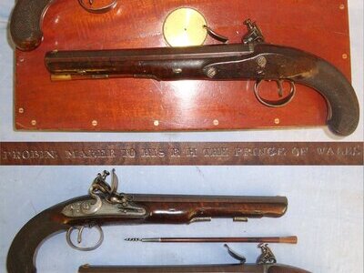 SUPERB**MINT BORES**Cased C1820’s Matching Pair Of English John Probin London Maker To The Prince Of Wales 22 Bore Gentleman’s Flintlock Dueling / Target Pistols, With Octagonal Damascus Steel Barrels. Sn 22059:7 flintlock Various Muzzleloader
