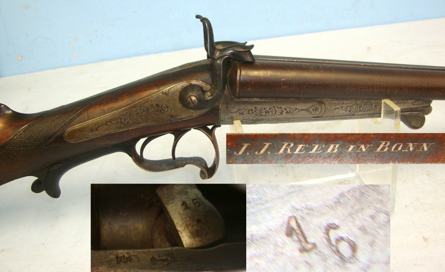 C1870 German J.J. Reeb In Bonn 16 Bore Pin Fire Obsolete Calibre, Double Damascus Barrelled, Under Rotary Lever Break Action Breach Loading Shotgun. A 1113 Side By Side 16 Bore/gauge