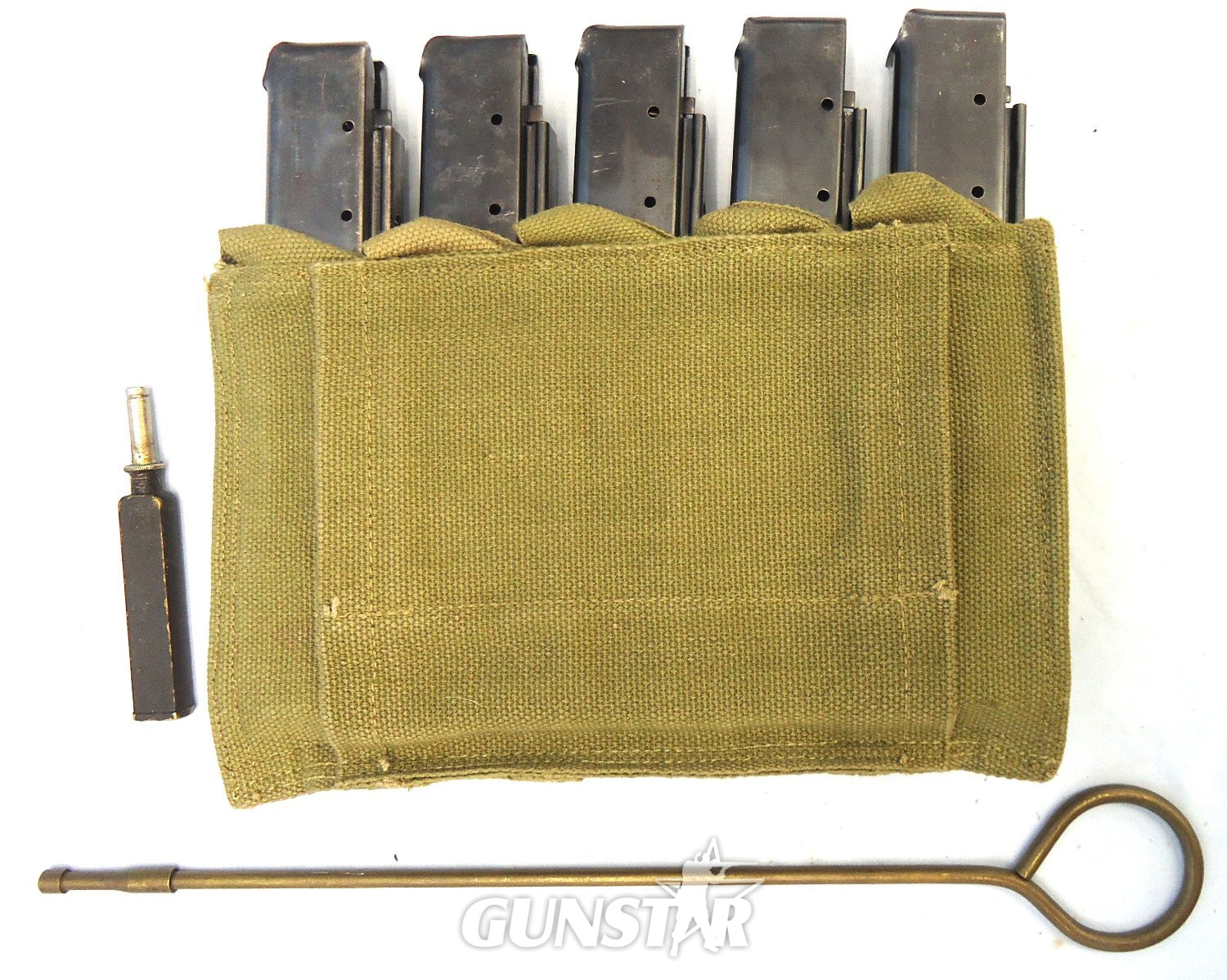 INERT DEACTIVATED. Original WW2 US Army Thompson Webbing 5 x Round Magazine Pouch, 5 x 30 Round Magazines, Cleaning Rod and Oil Bottle. MISC 1052 INERT DEACTIVATED. Original WW2 US Army Thompson Webbing 5 x Round Magazine Pouch, 5 x 30 Round Magazines, Cleaning Rod and Oil Bottle. MISC 1052 Various  Machine Gun