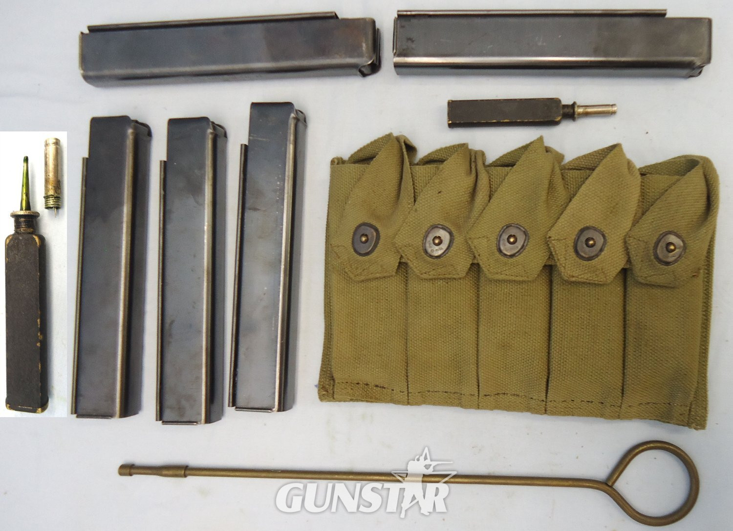  INERT DEACTIVATED. Original WW2 US Army Thompson Webbing 5 x Round Magazine Pouch, 5 x 30 Round Magazines, Cleaning Rod and Oil Bottle. MISC 1052 INERT DEACTIVATED. Original WW2 US Army Thompson Webbing 5 x Round Magazine Pouch, 5 x 30 Round Magazines, Cleaning Rod and Oil Bottle. MISC 1052 Various  Machine Gun