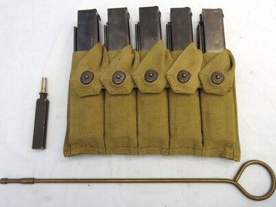 INERT DEACTIVATED. Original WW2 US Army Thompson Webbing 5 x Round Magazine Pouch, 5 x 30 Round Magazines, Cleaning Rod and Oil Bottle. MISC 1052 INERT DEACTIVATED. Original WW2 US Army Thompson Webbing 5 x Round Magazine Pouch, 5 x 30 Round Magazines, Cleaning Rod and Oil Bottle. MISC 1052 Various  Machine Gun