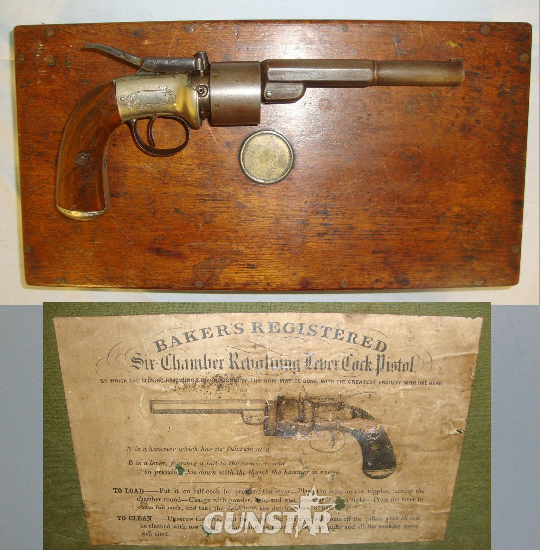 SCARCE**TRANSITIONAL**MINT BORE**Cased, Victorian English, Thomas Kerslake Baker’s 1852 Patent, German Silver Frame, 54 Bore Six Chamber Cap & Ball Revolving Lever Cock Percussion Pistol. Sn 21229 pistol .54 Cal Muzzleloader Revolver in 