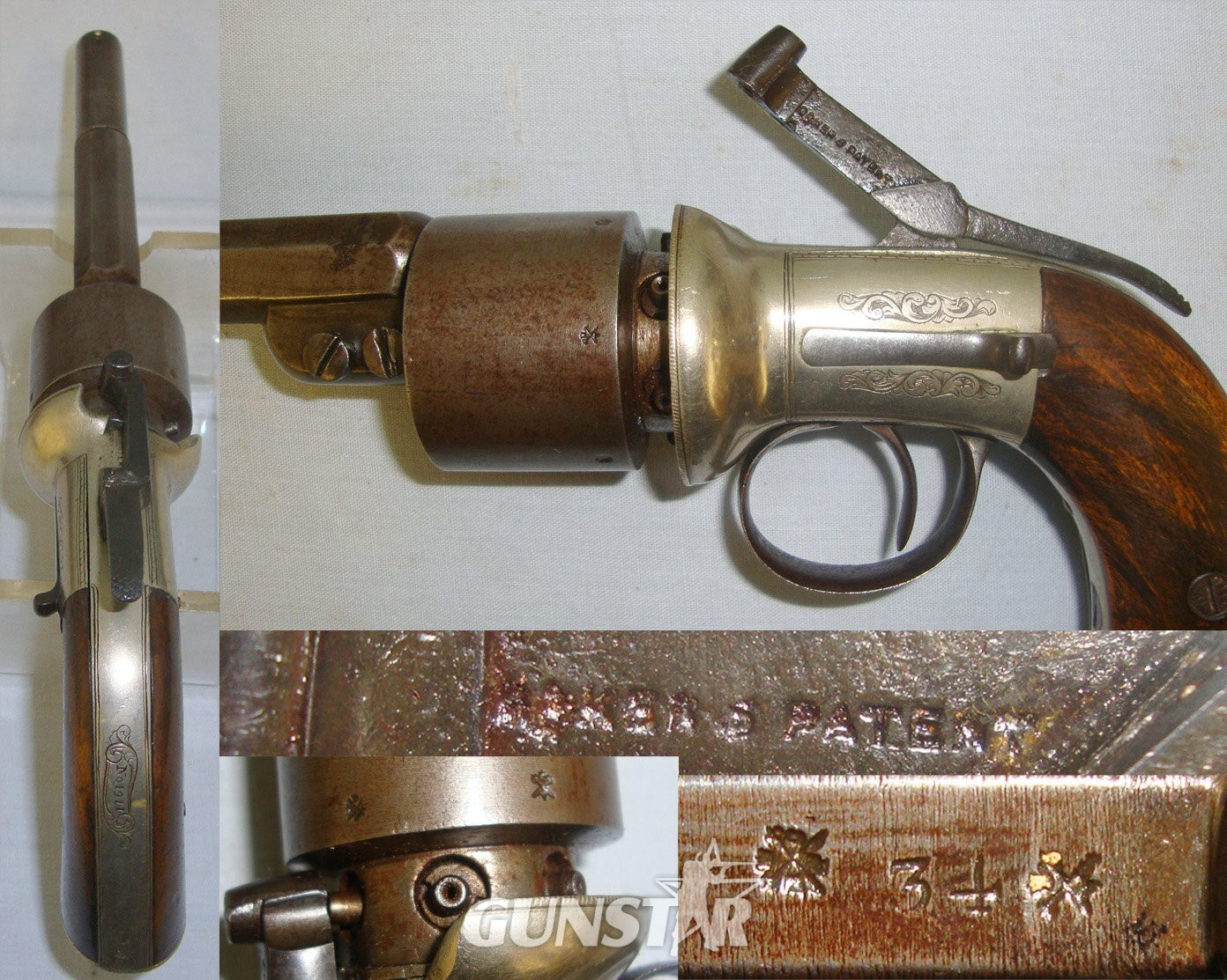 SCARCE**TRANSITIONAL**MINT BORE**Cased, Victorian English, Thomas Kerslake Baker’s 1852 Patent, German Silver Frame, 54 Bore Six Chamber Cap & Ball Revolving Lever Cock Percussion Pistol. Sn 21229 pistol .54 Cal Muzzleloader Revolver
