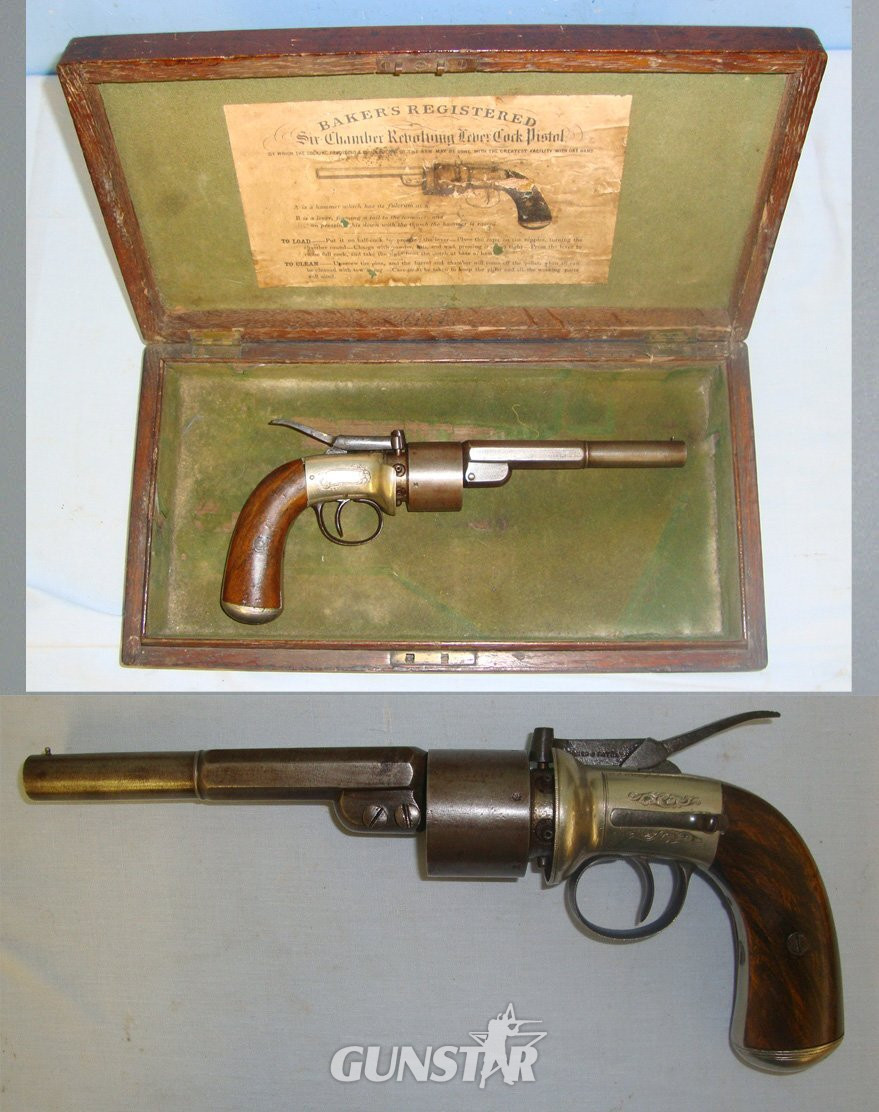  SCARCE**TRANSITIONAL**MINT BORE**Cased, Victorian English, Thomas Kerslake Baker’s 1852 Patent, German Silver Frame, 54 Bore Six Chamber Cap & Ball Revolving Lever Cock Percussion Pistol. Sn 21229 pistol .54 Cal Muzzleloader Revolver