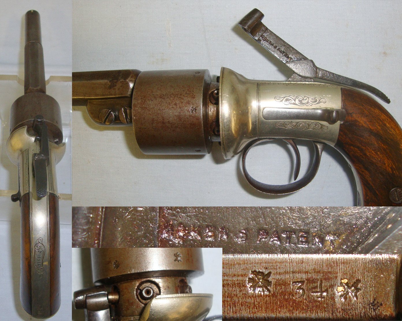 SCARCE**TRANSITIONAL**MINT BORE**Cased, Victorian English, Thomas Kerslake Baker’s 1852 Patent, German Silver Frame, 54 Bore Six Chamber Cap & Ball Revolving Lever Cock Percussion Pistol. Sn 21229 pistol .54 Cal Muzzleloader Revolver