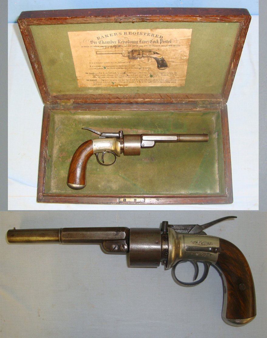  SCARCE**TRANSITIONAL**MINT BORE**Cased, Victorian English, Thomas Kerslake Baker’s 1852 Patent, German Silver Frame, 54 Bore Six Chamber Cap & Ball Revolving Lever Cock Percussion Pistol. Sn 21229 pistol .54 Cal Muzzleloader Revolver