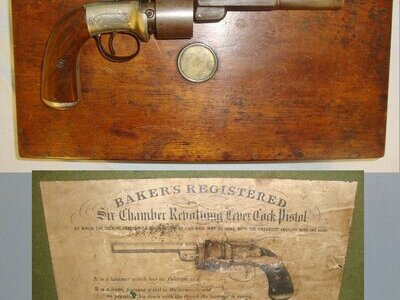 SCARCE**TRANSITIONAL**MINT BORE**Cased, Victorian English, Thomas Kerslake Baker’s 1852 Patent, German Silver Frame, 54 Bore Six Chamber Cap & Ball Revolving Lever Cock Percussion Pistol. Sn 21229 pistol .54 Cal Muzzleloader Revolver