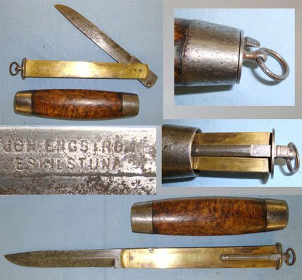 C1870’s Johan Engström Eskilstuna Sweden Curly Birch Barrel Knife With Concealed Folding Steel Blade. Sn 15908:4. Hunting Knive
