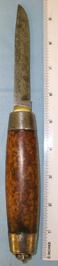  C1870’s Johan Engström Eskilstuna Sweden Curly Birch Barrel Knife With Concealed Folding Steel Blade. Sn 15908:4. Hunting Knive