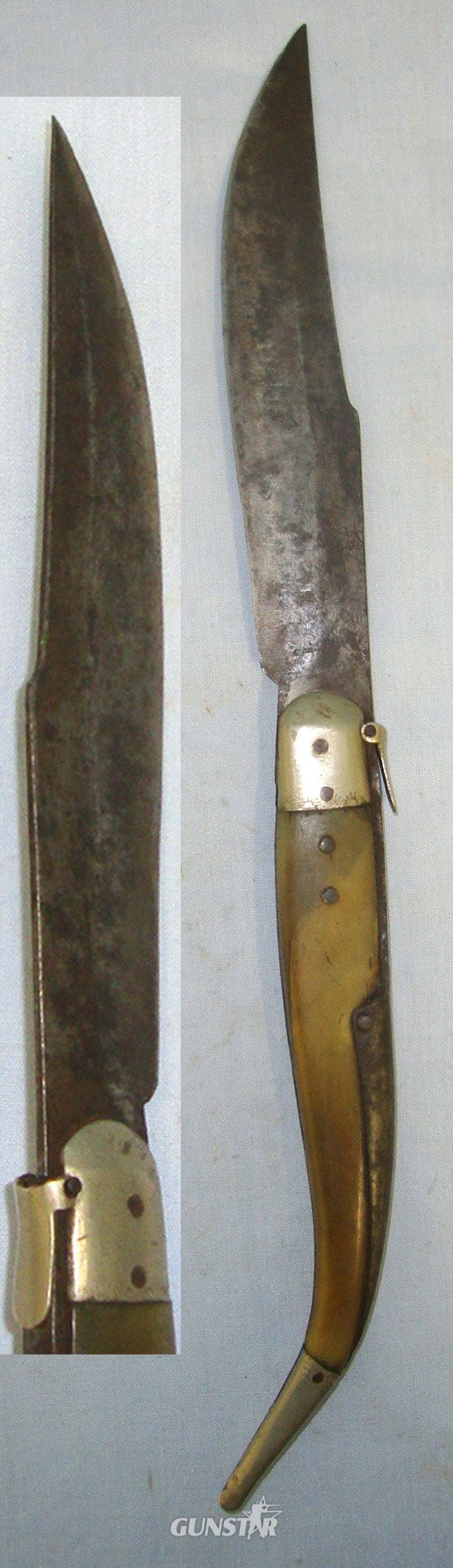  LARGE**19th Century Spanish Navaja Folding Fighting / Utility Lock Knife With Sharp Scimitar Form Blade Marked With Stylised Eagle Trademark & Polished Horn Scales. Sn 22162:1 Other Blade