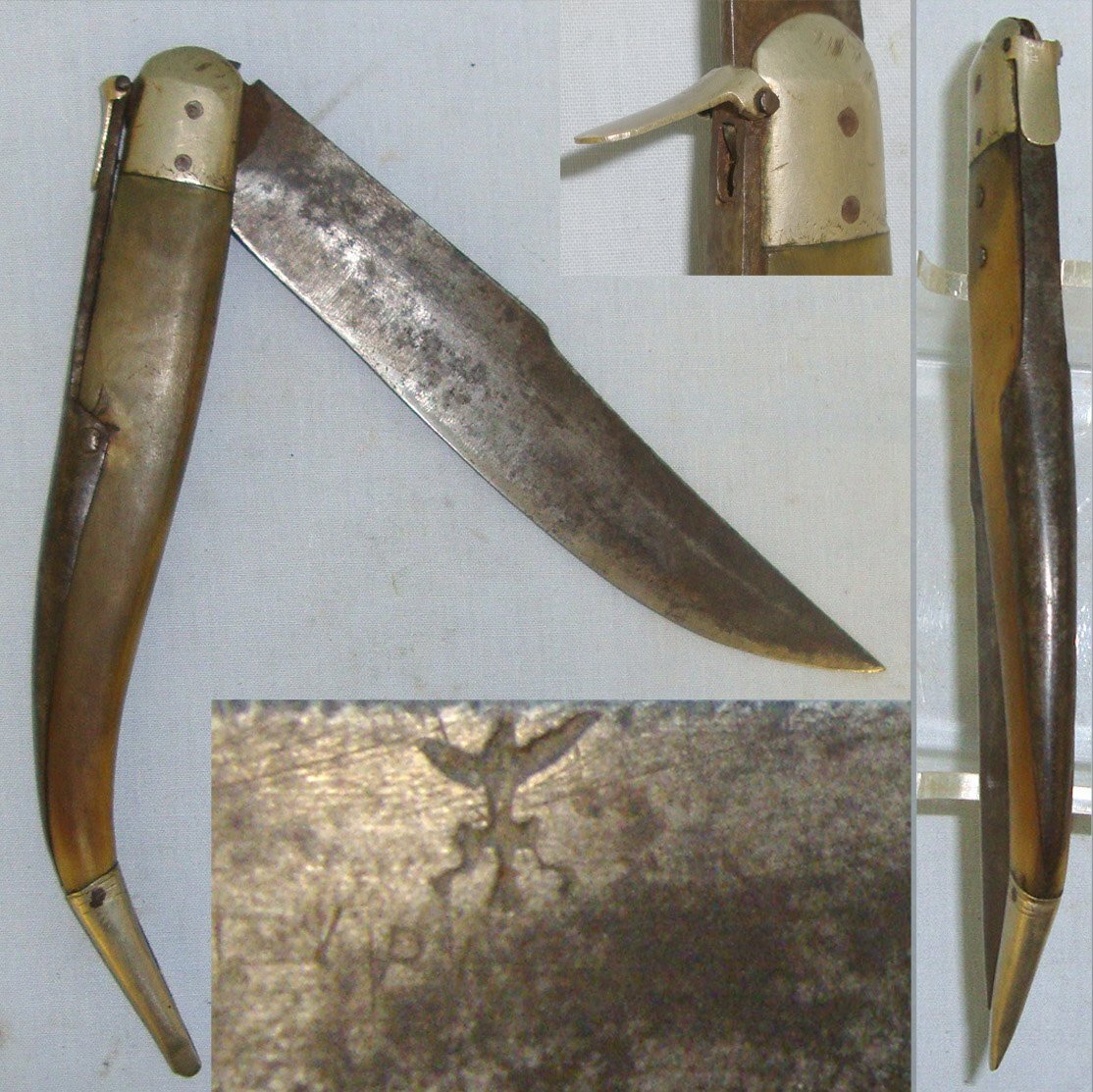 LARGE**19th Century Spanish Navaja Folding Fighting / Utility Lock Knife With Sharp Scimitar Form Blade Marked With Stylised Eagle Trademark & Polished Horn Scales. Sn 22162:1 Other Blade