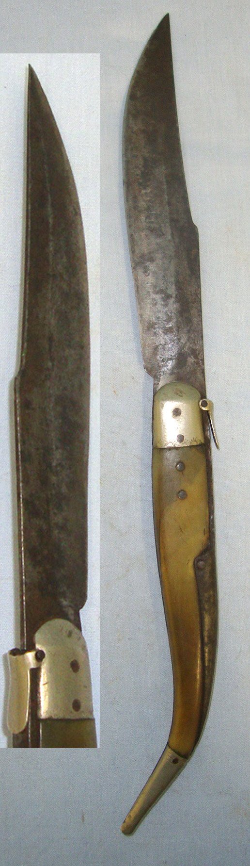  LARGE**19th Century Spanish Navaja Folding Fighting / Utility Lock Knife With Sharp Scimitar Form Blade Marked With Stylised Eagle Trademark & Polished Horn Scales. Sn 22162:1 Other Blade