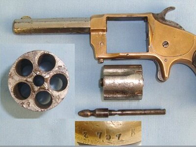 MATCHING NUMBERS**C1870’s-1880’s Whitneyville Armoury USA 1871 Patent Brass Frame .32 Rim Fire Obsolete Calibre 5 Shot Pocket Revolver With Octagonal Barrel. Sn 22526 .32 Revolver