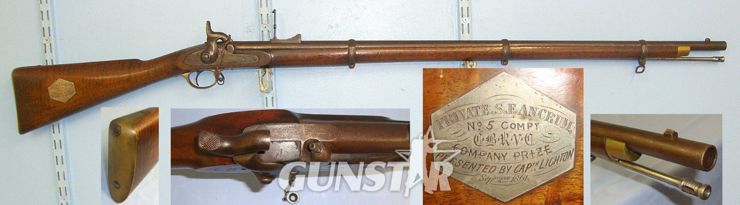 1861 British London Armoury Company (LAC Co) Rifle Volunteer Corps Enfield 1853 Pattern, .577 Regulation Calibre 3 Band Muzzle Loading Percussion Prize Rifle With Silver Plaque  Engraved To Private Ancrum C.B.R.V.C. Company Prize Presented 1861 Single Shot .577 Rifle in 