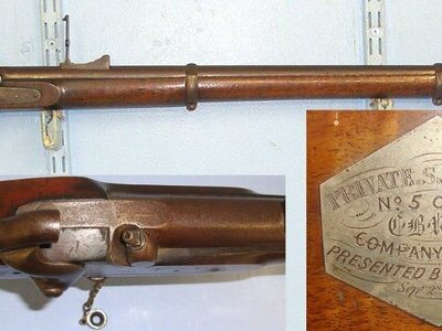 1861 British London Armoury Company (LAC Co) Rifle Volunteer Corps Enfield 1853 Pattern, .577 Regulation Calibre 3 Band Muzzle Loading Percussion Prize Rifle With Silver Plaque Engraved To Private Ancrum C.B.R.V.C. Company Prize Presented 1861 Single Shot .577 Rifle
