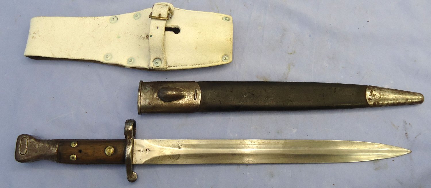 RARE** 1890 Dated Boer War Era British WD 3 Rivet, 1st Type, 1st Pattern, P.1888 Lee Metford Bayonet, Scabbard & Leather Frog. Sn 23769 Bayonet 