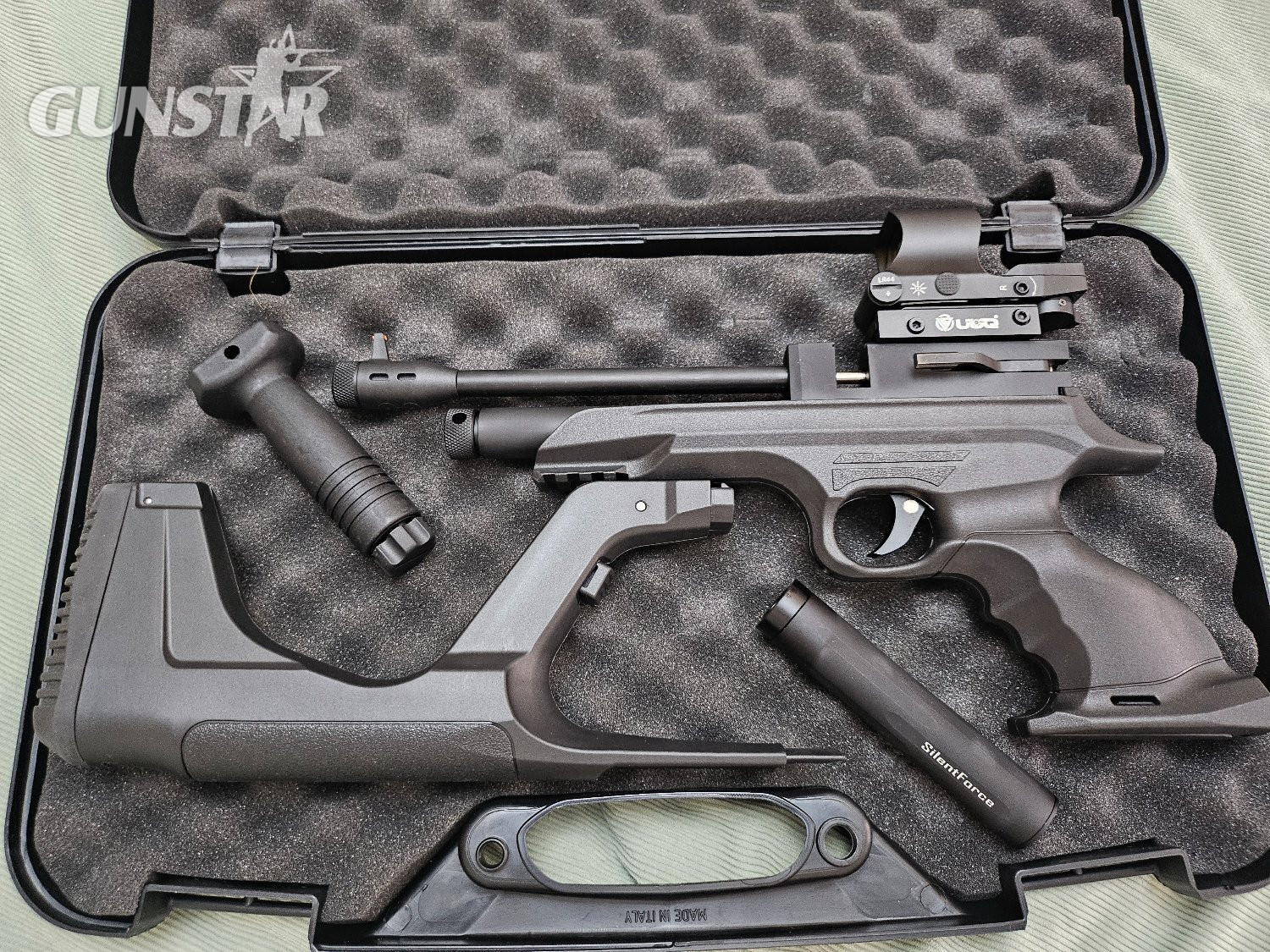 Reximex Reximex Morpho CO₂ Air Pistol Package – .22 – Red Dot – Moderator – Stock & Foregrip – Hard Case .22